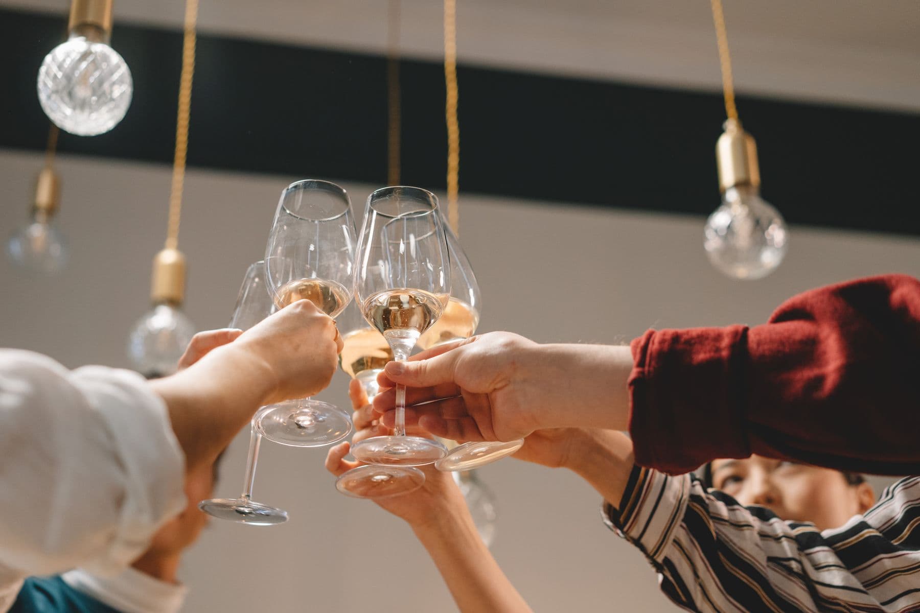 A toast over glasses of wine at the table